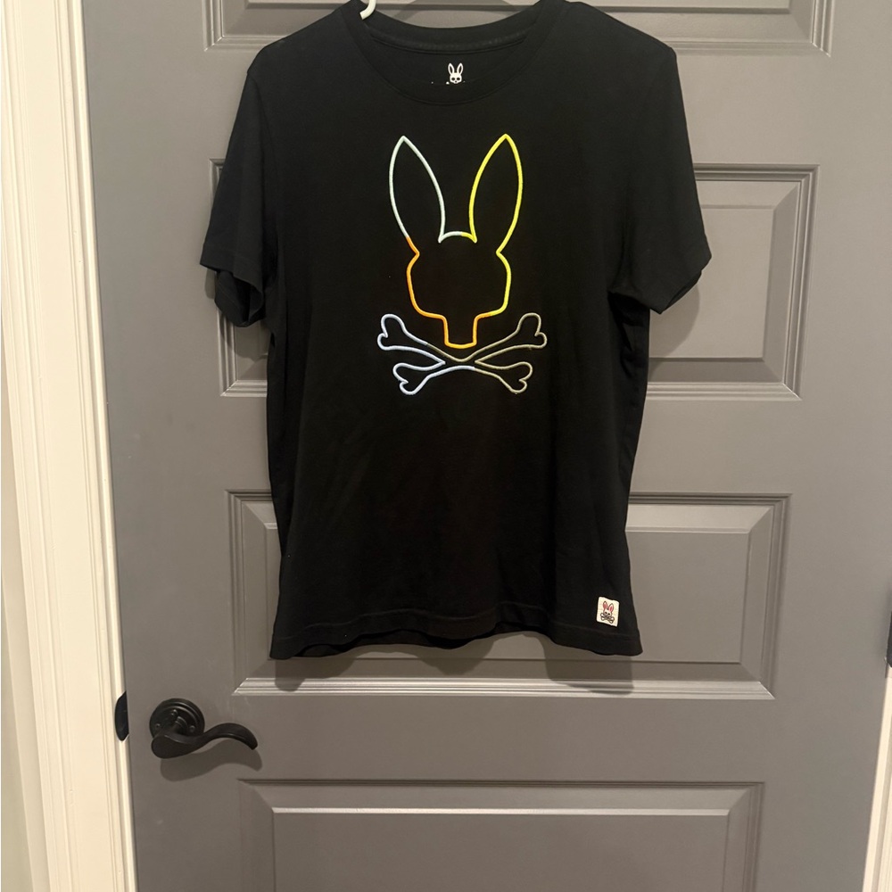 Psycho Bunny Black Tee with Neon Bunny Skull